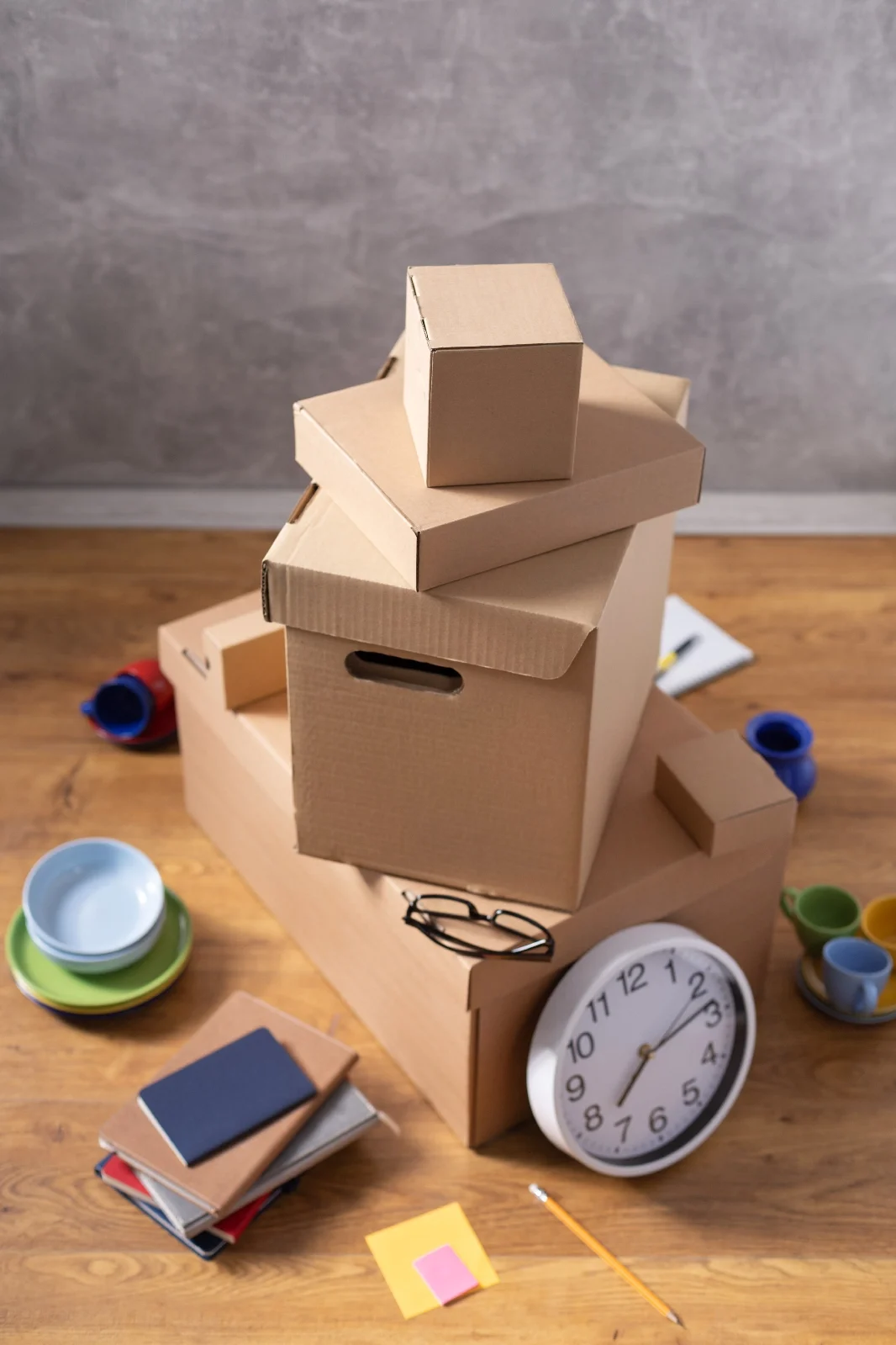 Cardboard boxes and clock on wooden floor